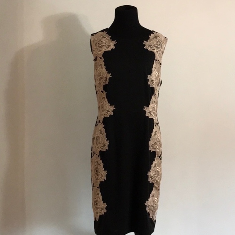 Black and tan lace evening dress.